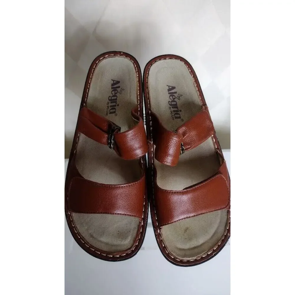 Alegria Brown Leather Women's Slip On Sandals,‎ Size 8